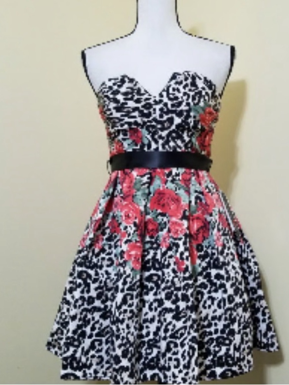 Macy's Black & White Animal Print Strapless Dress with Red Floral Accents